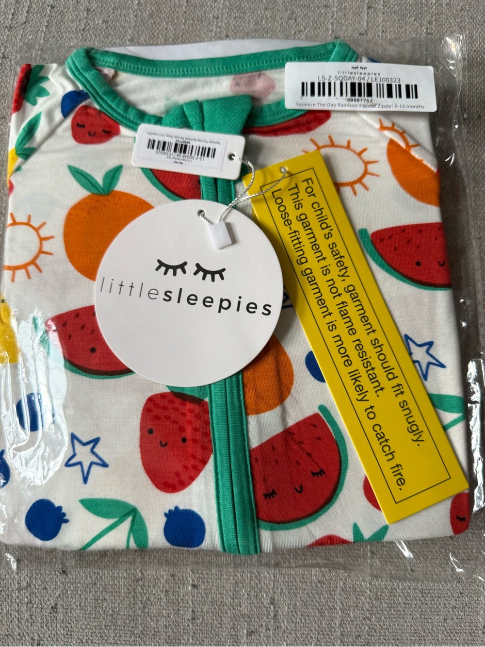 Little Sleepies White Fruit Print Zip Sleep Sack with Green Trim